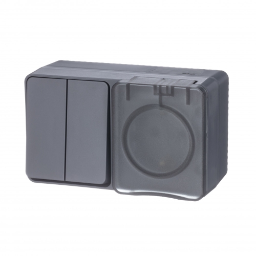 БЛОК 2кл о/п+ розетка з/к со штор. AtlasDesign PROFI IP54 АНТРАЦИТ ATN544074