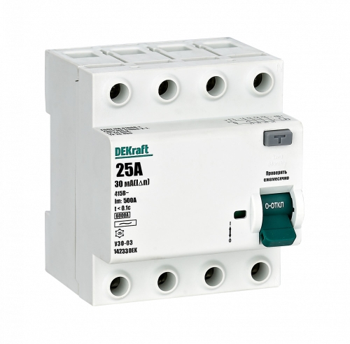 УЗО 4P 25А 30мА AC УЗО-03 6кА DEKraft