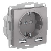 Механизм Розетка AtlasDesign алюминий 1гн с/п с з/к 16А + 2USB 1 порт*1,2А+1 порт*2,4А  ATN000330