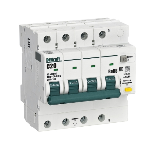 Диф. автомат  АВДТ 103-6кА-3N+P 20А 30-C 4Р 20A х-ка C Dekraft