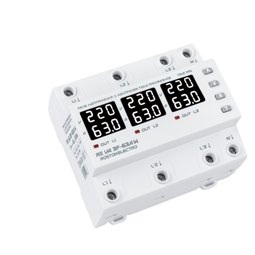 Реле ТРЕХФАЗНОЕ напряжения и тока с дисплеем RE VA3F-63А W ROSTOKELECTRO (Россия) БЕЛАЯ ИНДИКАЦИЯ