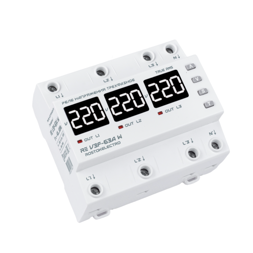 Реле ТРЕХФАЗНОЕ напряжения с дисплеем RE V3F-63А W ROSTOKELECTRO (Россия) БЕЛАЯ ИНДИКАЦИЯ