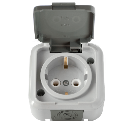 Розетка 1гн о/п з/к РА16-297 ПРАЛЕСКА АКВА серая IP54 (50)