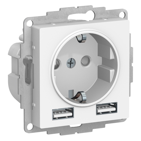 Механизм Розетка 1-гнездо с/п с з/к 16А + 2USB 1 порт 1,2А+1 порт 2,4А  AtlasDesign белый ATN000130